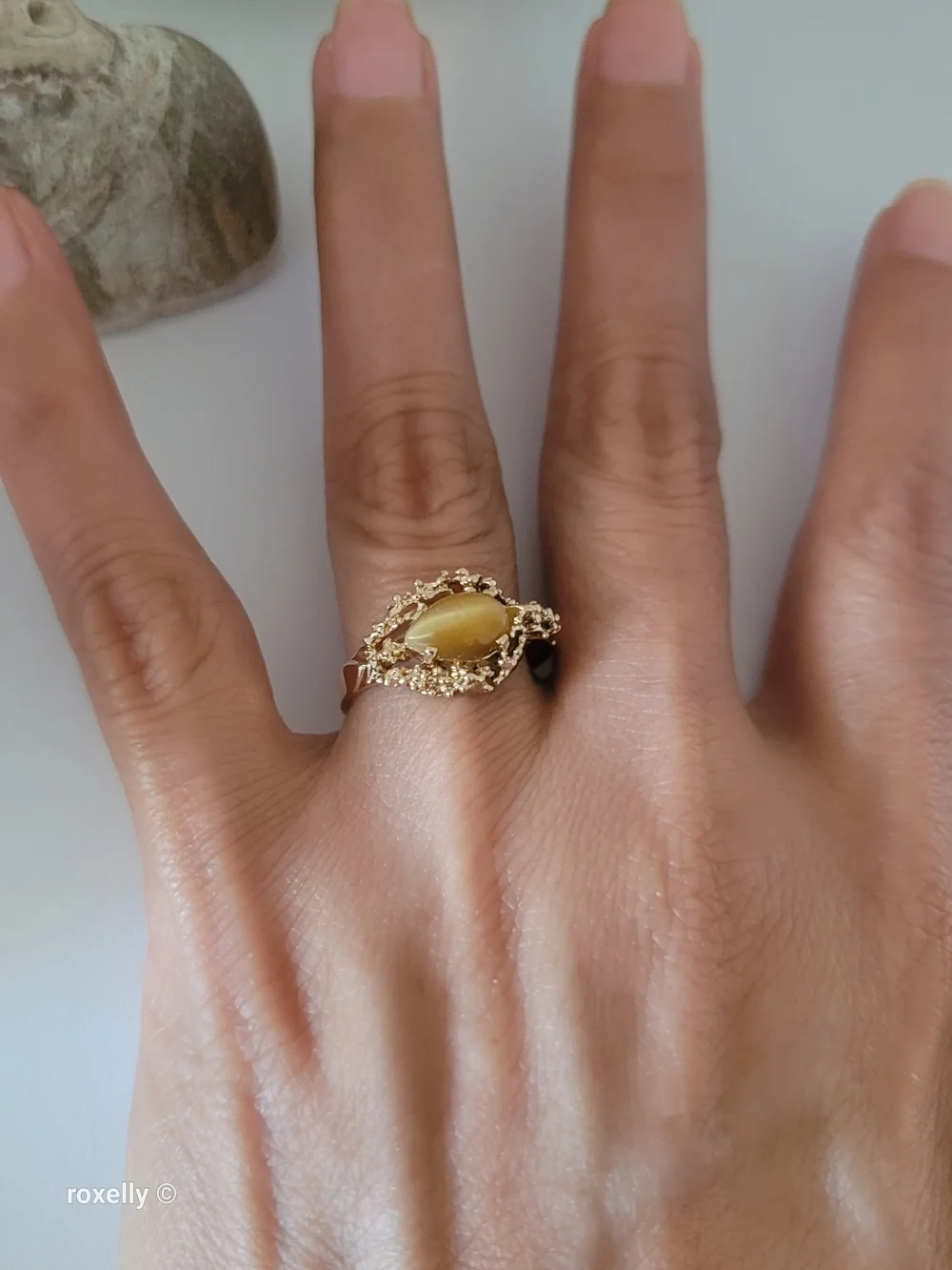 14K Yellow Gold Tiger Eye Cocktail Ring Size 8.25, Solid Gold! 👌🎁